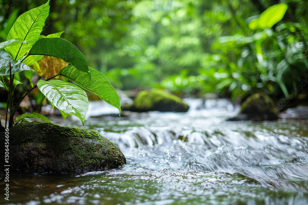 Fototapeta premium Lush rainforest stream with vibrant greenery and flowing water creates serene atmosphere