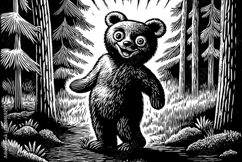 funny bear in forest close up black and white hand drawn sketch	