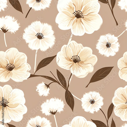 Wallpaper Mural Elegant Beige Floral Pattern: A Seamless Design of Delicate Blooms and Leaves Torontodigital.ca