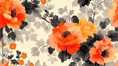 Vibrant Floral Pattern with Orange Flowers and Black Leaves Design