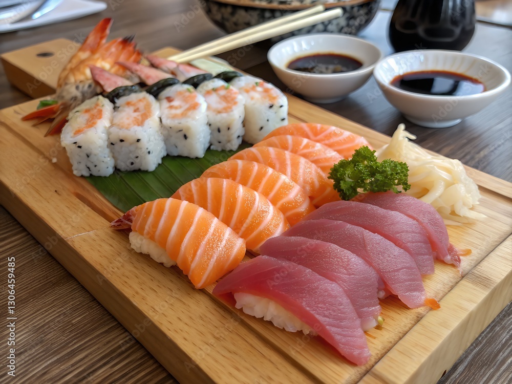 Sushi Platter with Assorted Fish and Garnishes Sushi Platter with Assorted Fish and Garnishes