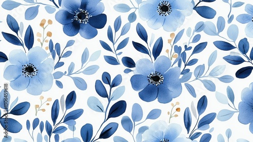 Delicate Blue Floral Pattern with Leaves on White Background