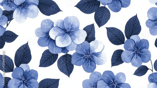 Blue Floral Pattern Design with Leaves on White Background