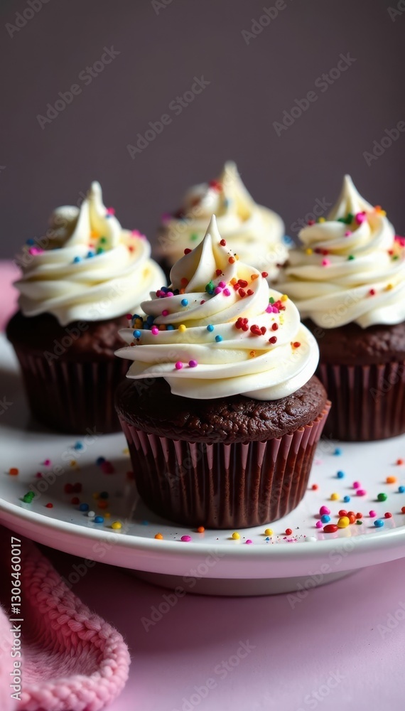 Decadent chocolate truffle cupcakes loaded with rich white frosting and colorful edible glitter atop a velvet cushion, dessert plate, white frosting, velvet cushion Decadent chocolate truffle cupcakes loaded with rich white frosting and colorful edible glitter atop a velvet cushion, dessert plate, white frosting, velvet cushion