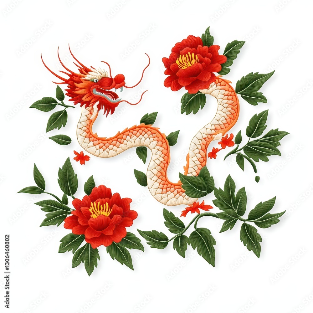 Obraz premium A vibrant illustration of a dragon entwined with red flowers and green leaves, showcasing a blend of nature and mythical elements.