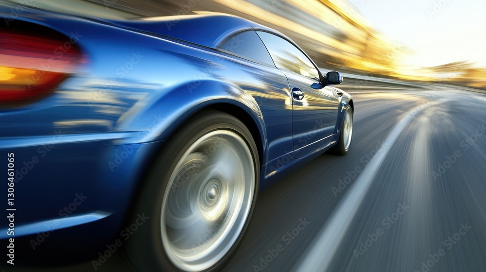High-Speed Blue Sports Car Racing on Urban Road with Motion Blur Captured During Sunset or Sunrise for Dynamic Automotive Advertisement High-Speed Blue Sports Car Racing on Urban Road with Motion Blur Captured During Sunset or Sunrise for Dynamic Automotive Advertisement