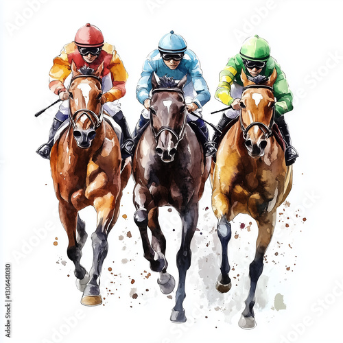 Illustration of the horse racing, running horses, soft watercolor tones, white background, detailed illustration, cartoonish.