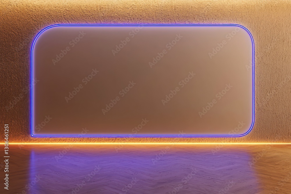 Fototapeta premium Neon cobalt outlines a blank wall in soft wheat 3D room.