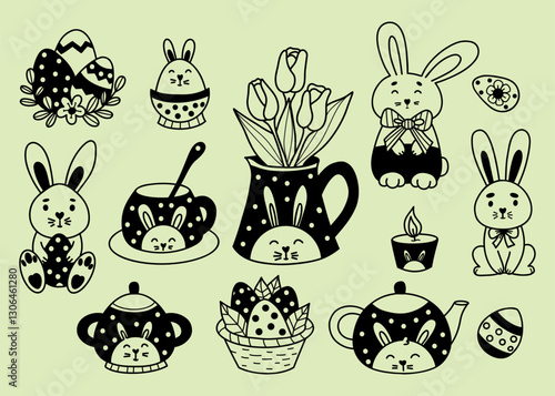 Cute Easter spring bunny decoration doodle. Isolated holiday tableware teapot, cups, sugar bowl, jug with bouquet tulips with rabbit decor, paschal eggs. Vector illustration