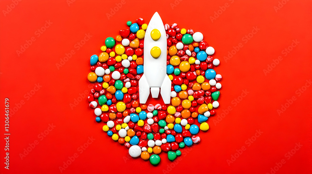 Obraz premium Colorful Rocket Surrounded by Various Spheres on a Bright Background