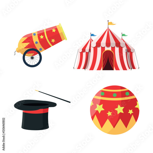 Vintage circus items icon set. Circus tent, cannon, ball and magician's hat.