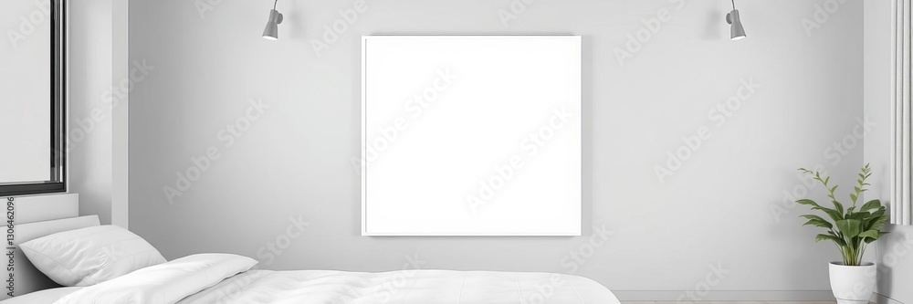 Mockup of a blank square photo frame on a bedroom wall, decoration, clean