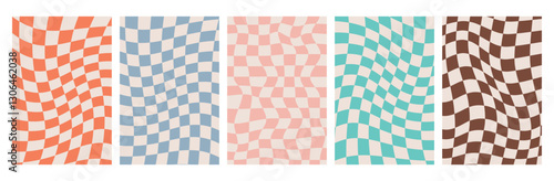 Groovy Distorted Checkered Background. Retro Twisted Trendy Waves Trippy Grid. Isolated Hand drawn rectangle templates collection. Hippie aesthetic psychedelic 1970s style