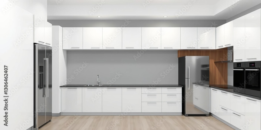 Fototapeta premium Modern kitchen with white cabinets, light brown wood paneling, integrated stainless steel refrigerator, sleek design, black elements, sleek design, stainless steel