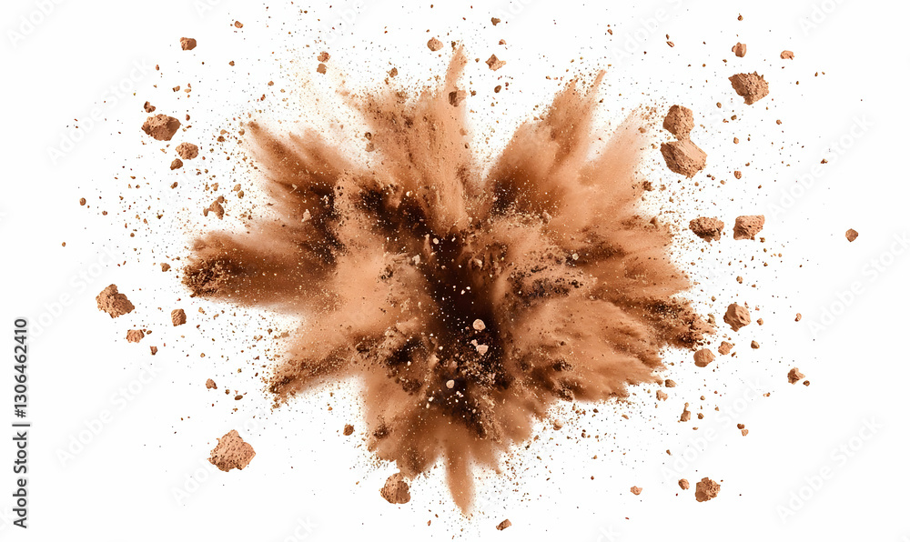 Brown Powder Explosion on White Background Creating a Dynamic Effect Brown Powder Explosion on White Background Creating a Dynamic Effect