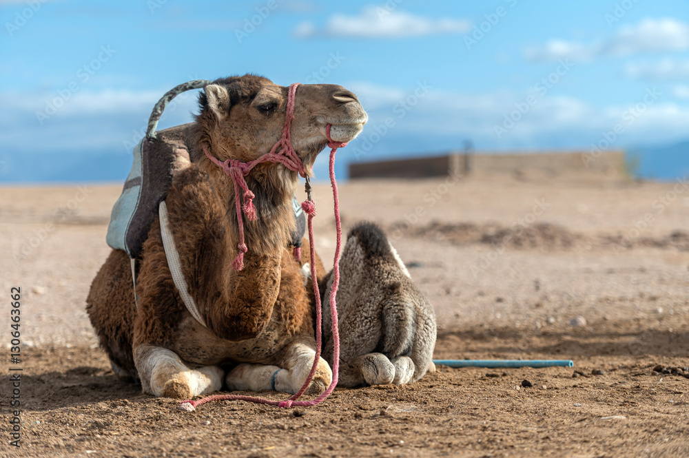 Camel interaction in Agafay desert, Morocco featuring young and adult camels