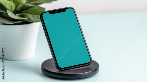 Wallpaper Mural Modern smartphone on a wireless charger with a blank screen, black device on a pastel background. Technology branding. Placeholder Torontodigital.ca