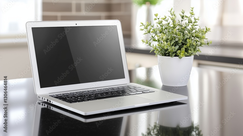custom made wallpaper toronto digitalModern laptop with black screen and potted plant on reflective countertop. workplace organization