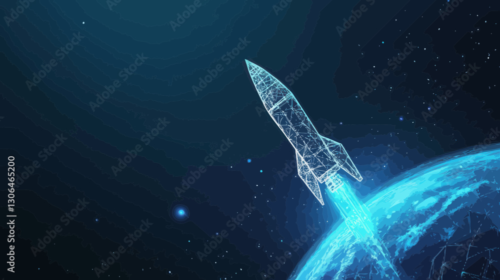 Naklejka premium Digital Wireframe Rocket in Earth's Orbit with Futuristic Blue Technological Background and 3D Low Poly Polygonal Science Art