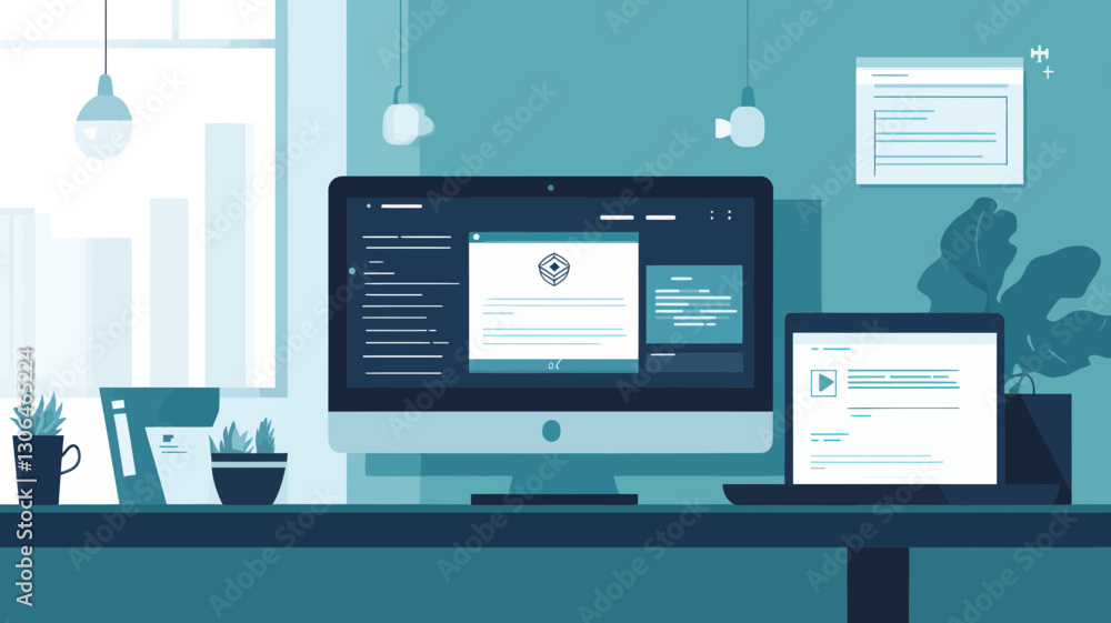 Modern Flat Design Banner for Web Development and Graphic Design with Desktop and Laptop in Office Setting Modern Flat Design Banner for Web Development and Graphic Design with Desktop and Laptop in Office Setting