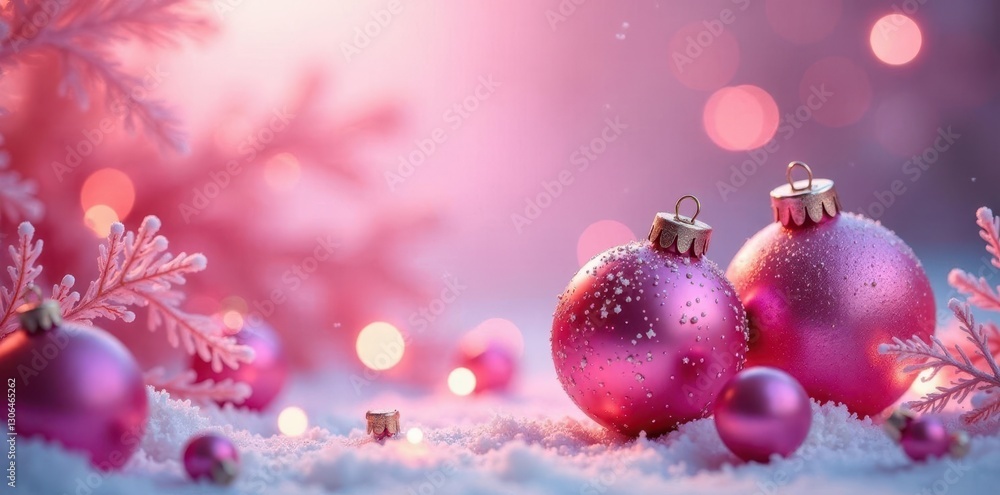 Fototapeta premium Sparkling pink baubles fill a frosted windowpane, frosted, decorations, pink