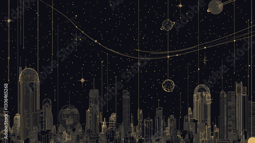 Futuristic Megalopolis Starry Sky Cityscape - Abstract Vector Wireframe Concept of Urban Network with Planetary Elements