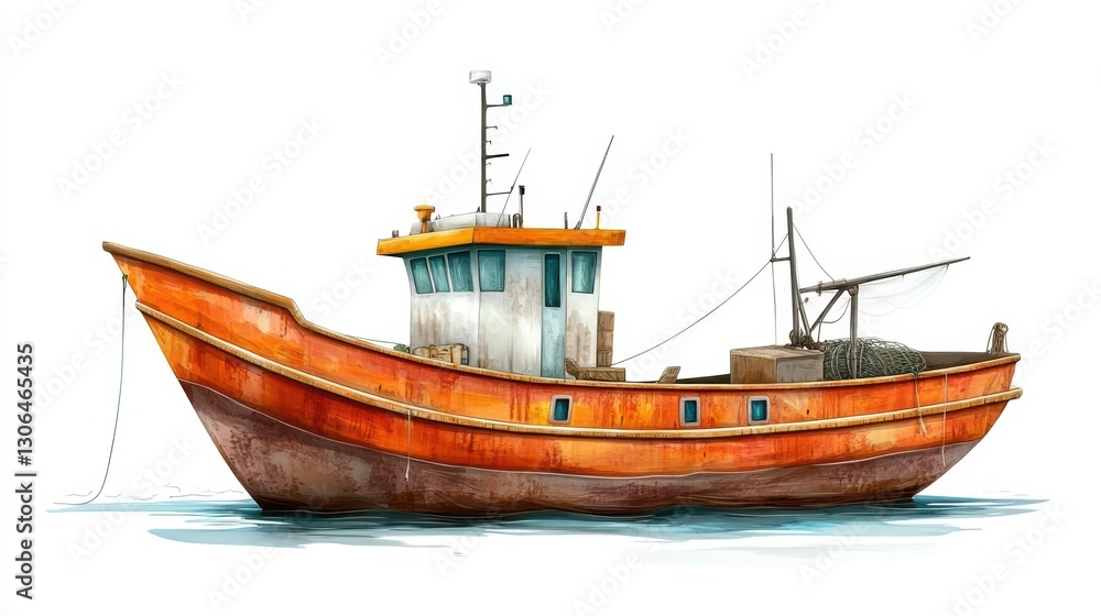 Colorful fishing boat with a net, traditional maritime scene in tropical setting Colorful fishing boat with a net, traditional maritime scene in tropical setting