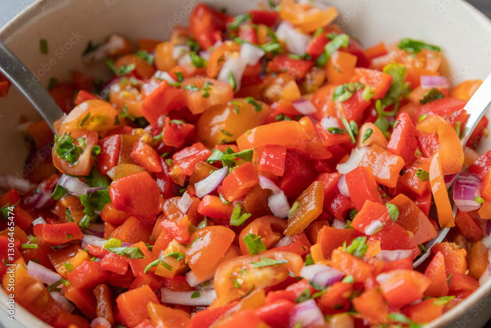 fresh salsa with red bell pepper, tomatoes, red onion, and parsley – close-up fresh salsa with red bell pepper, tomatoes, red onion, and parsley – close-up