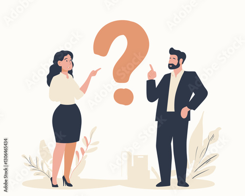 Confused Business Team Solving Work Problem, Businessman and Woman Thinking with Question Mark, Doubt in Work Process, Flat Minimalist Vector