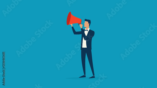 Businessman with Megaphone Announcing Message - Vector Illustration for Corporate Communication, Marketing Campaigns, Public Speaking, Leadership and Business Promotion Concepts