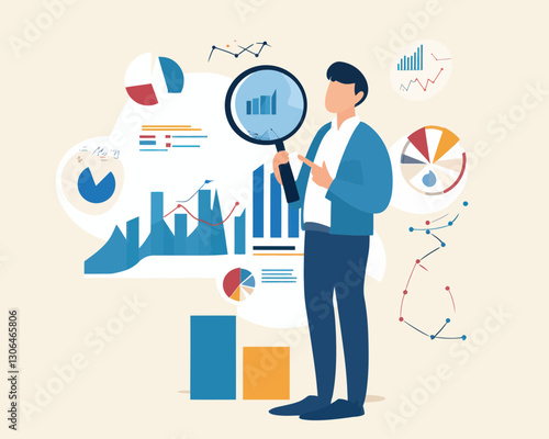 Businessman Analyzing Data with Magnifying Glass - Vector Illustration of Analytics, Marketing Insight, Financial Research, Optimization Diagram in Flat Minimalist Style