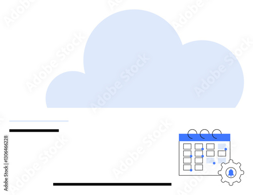 Cloud with calendar highlighting task organization and automation gear. Ideal for productivity, planning, scheduling, automation, cloud services, digital workflow, flat simple metaphor