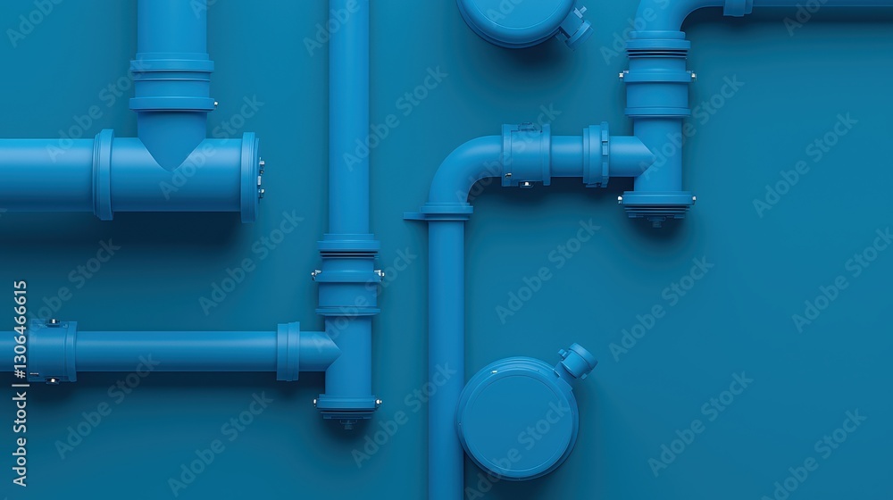 Industrial blue pipe with multiple valves and gauges in a factory setting closeup Industrial blue pipe with multiple valves and gauges in a factory setting closeup