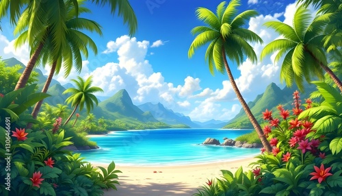 Tropical paradise, pristine beach, crystal clear turquoise water, majestic mountain peak