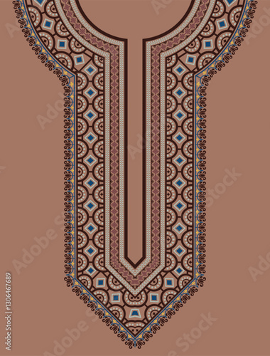 An embroidery neckline design for an Indian kurta with abstract geometric shapes and floral motifs on a light brown background.