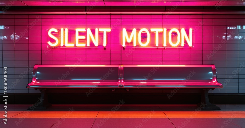 Neon sign silent motion warm fuchsia soft gold illuminating quiet subway tunnel casting smooth fading light onto empty seats Neon sign silent motion warm fuchsia soft gold illuminating quiet subway tunnel casting smooth fading light onto empty seats