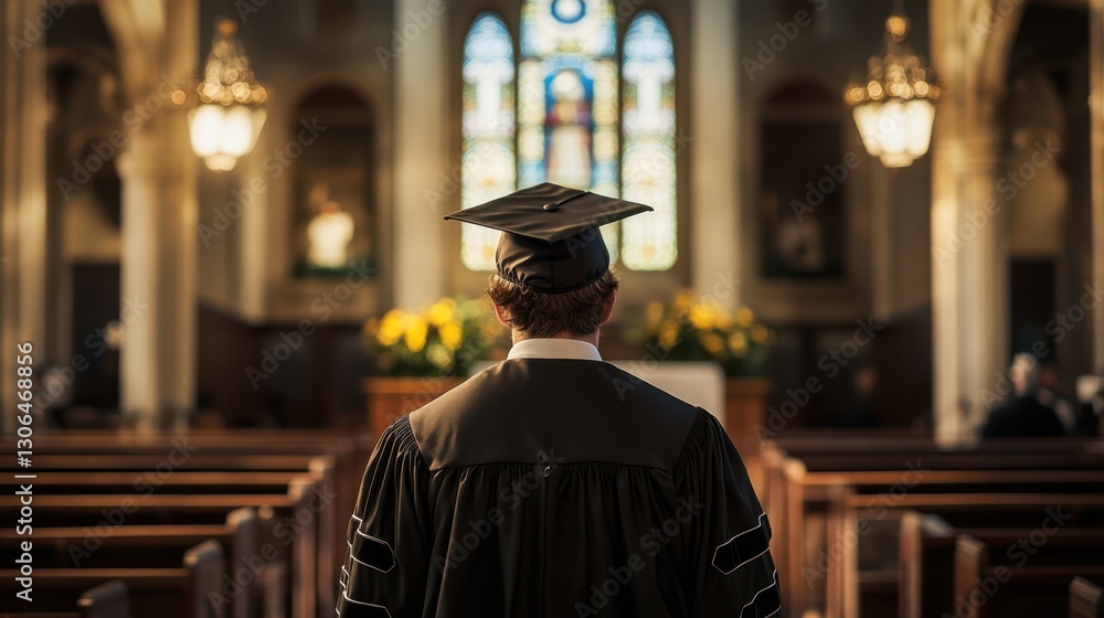 Male Graduate Standing in an Elegant Church with Stained Glass Windows, Preparing for a Graduation Ceremony in a Serene Setting Male Graduate Standing in an Elegant Church with Stained Glass Windows, Preparing for a Graduation Ceremony in a Serene Setting