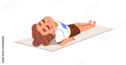 Happy kid is lying on back on mat, practices yoga in fish pose. Cute child relaxes in asana. Little boy or girl training, does sports exercises in workout. Flat isolated vector illustration on white