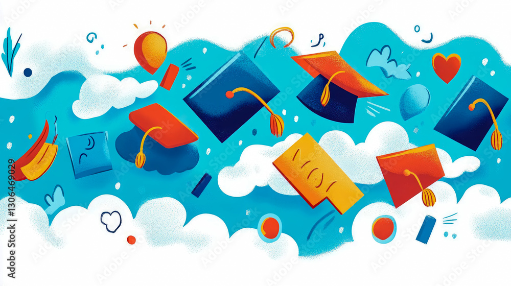 Naklejka premium Graduation Celebration: Floating Caps & Dreams, Fun Artwork for Prints, Cards & Announcements