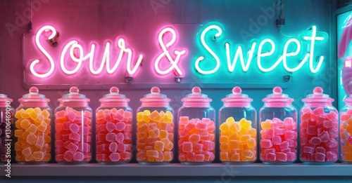 Neon sign sour sweet electric lime magenta glowing playful candy arcade casting reflections onto glass jars filled gummies photo