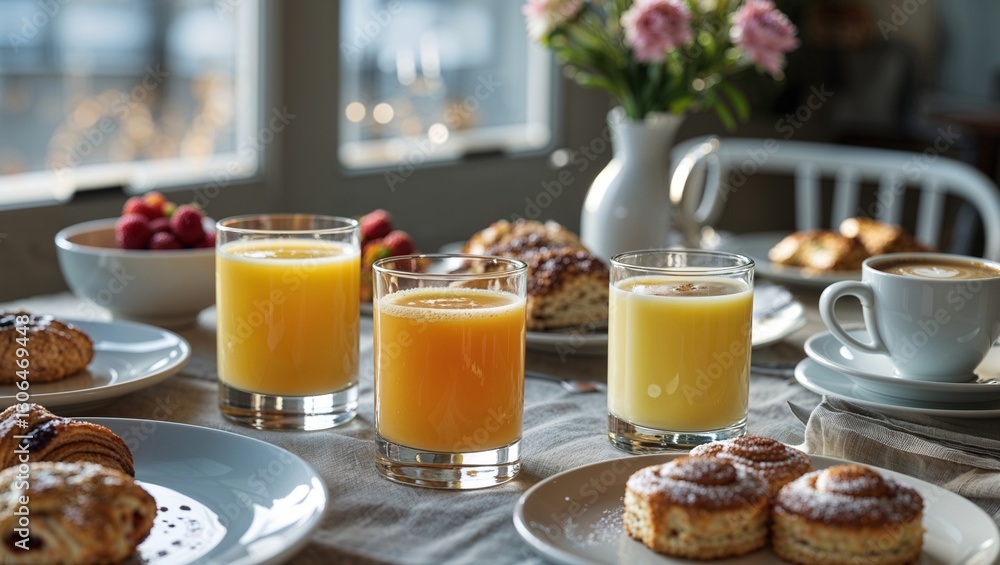 Glasses of Orange Juice with Pastries for Breakfast, Refreshing and Wholesome Morning Meal Glasses of Orange Juice with Pastries for Breakfast, Refreshing and Wholesome Morning Meal