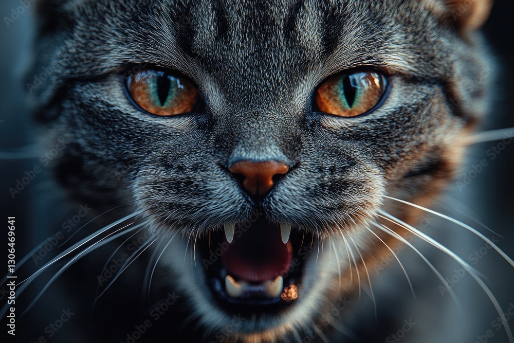 A close-up shot of a domestic cat's mouth open, showcasing its feline features A close-up shot of a domestic cat's mouth open, showcasing its feline features
