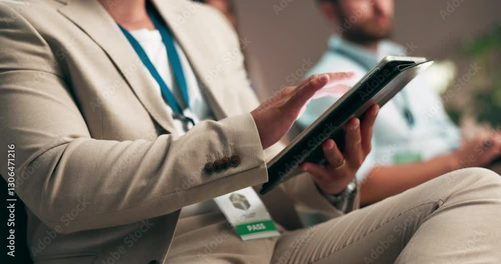 Business person, hands or browsing with tablet in meeting for schedule, tasks or agenda at group seminar. Closeup, employee or staff scrolling on technology for online research or notes at convention Business person, hands or browsing with tablet in meeting for schedule, tasks or agenda at group seminar. Closeup, employee or staff scrolling on technology for online research or notes at convention