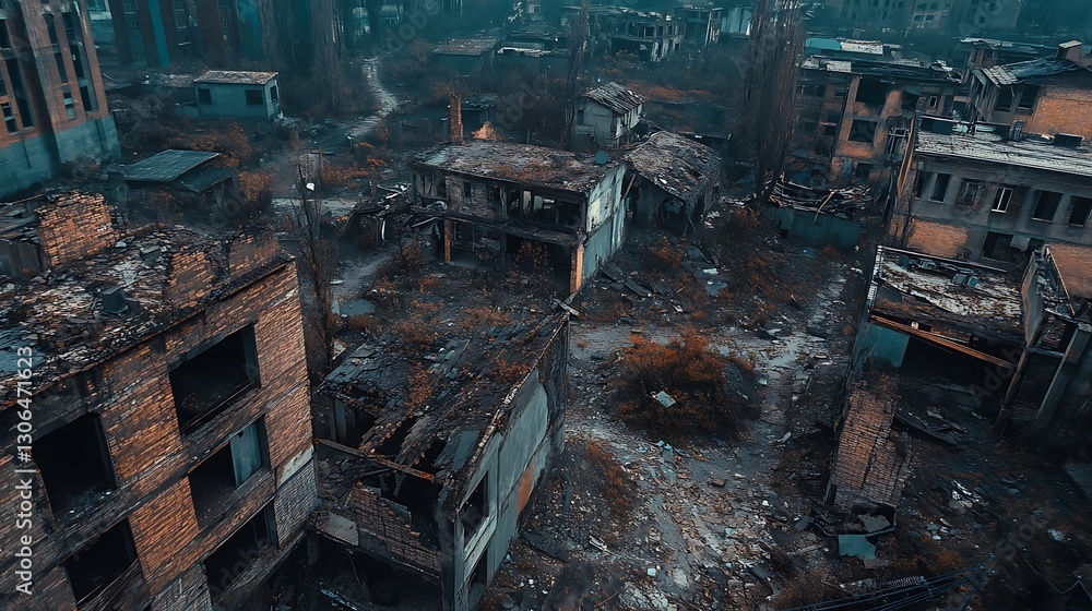 Aerial View of a Decayed Urban Landscape with Ruined Buildings Aerial View of a Decayed Urban Landscape with Ruined Buildings
