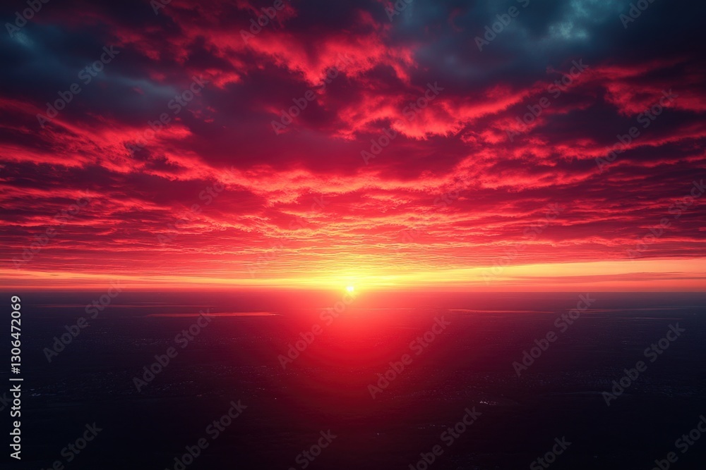The sun sets over the ocean horizon with warm colors and clouds The sun sets over the ocean horizon with warm colors and clouds
