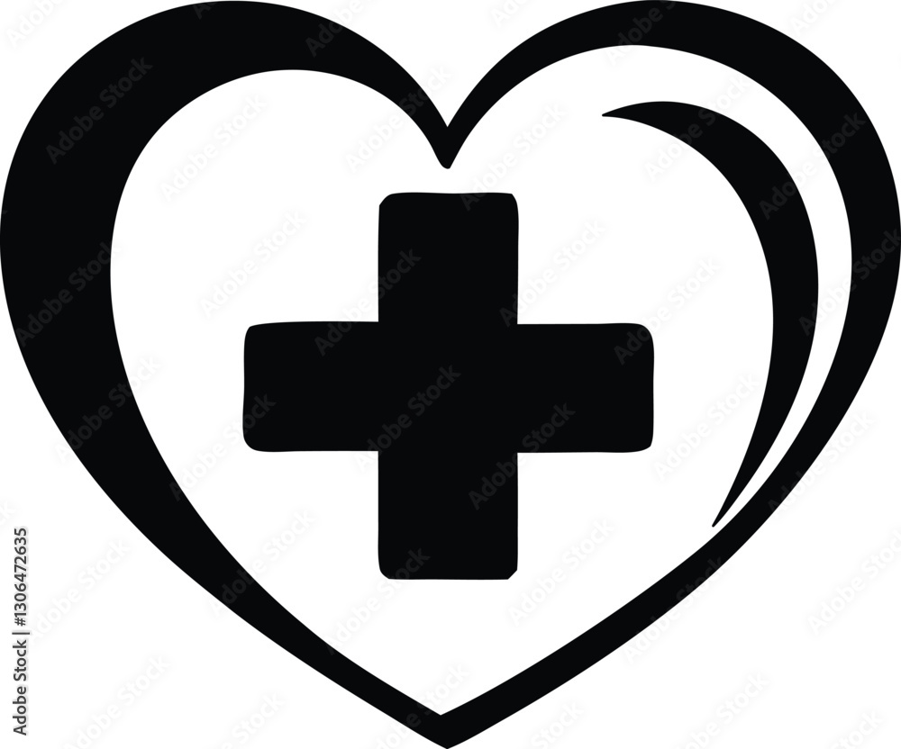 Fototapeta premium Black and White Medical Heart Symbol with Cross for Healthcare and Wellness Design