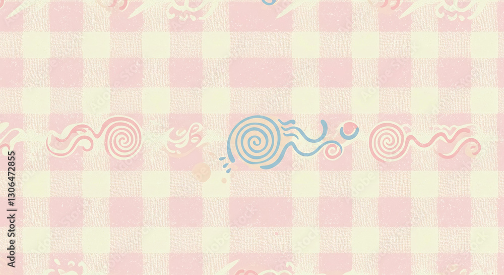 Seamless Pastel Pink Gingham Pattern with Abstract Swirl Design Perfect for Textile or Wallpaper Seamless Pastel Pink Gingham Pattern with Abstract Swirl Design Perfect for Textile or Wallpaper