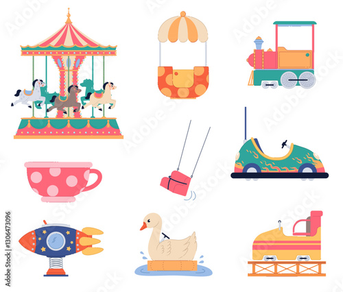 Set of childrens swing rides. Amusement park elements. Attraction objects. Rollercoaster, merry-go-round and funfair. Toy horse and cup. Cartoon flat style isolated vector collection