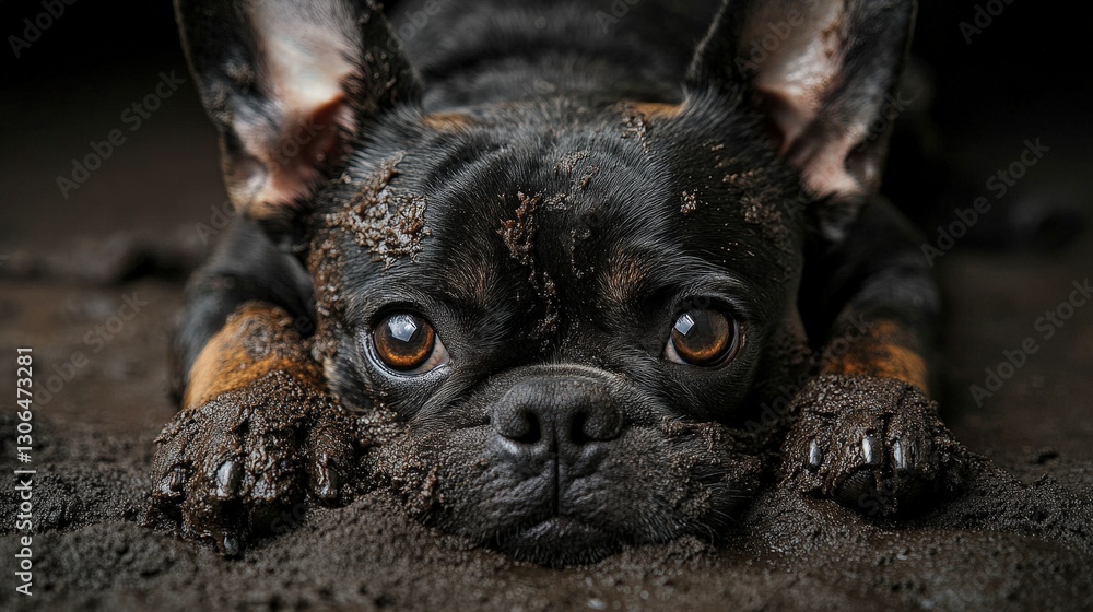 Dog rests on muddy ground after playful time outside in a natural setting. Dog Appreciation Month Dog rests on muddy ground after playful time outside in a natural setting. Dog Appreciation Month