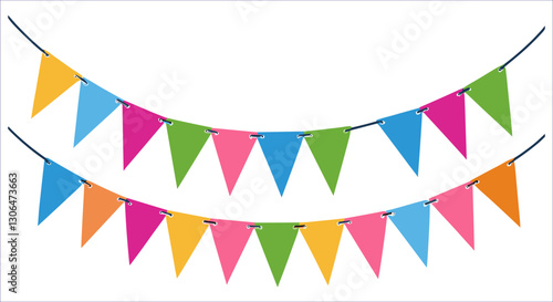 Colorful party bunting flags garland vector illustration. Festive hanging triangle flags decoration vector design. Party decoration bunting flags garland vector 
